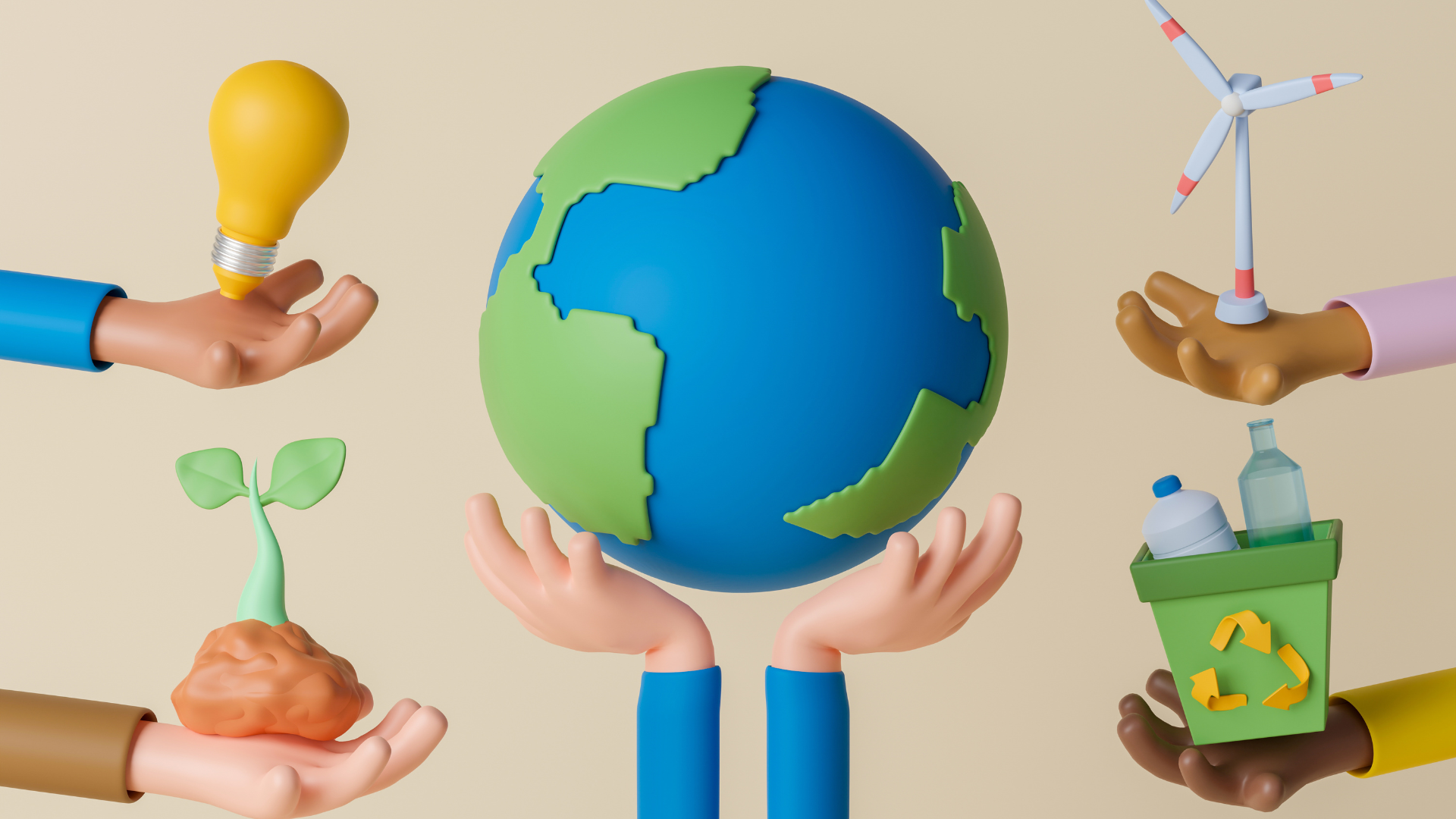 Digitally illustrations of two hands holding up the planet Earth in the center, hands hold a lightbulb and a seedling on the left, and hands holding a windmill and a recycling bin on the right