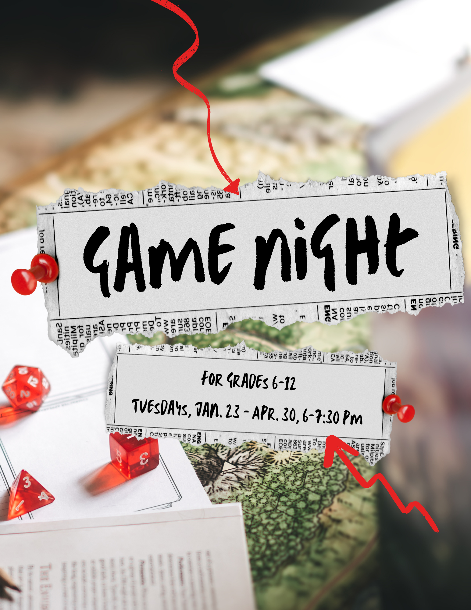 Background image of a game map with papers and game pieces. Text: Game Night
