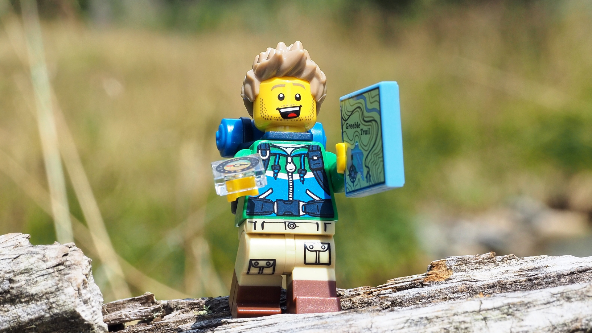Lego Minifigure with a map and compass standing on a log with grassland in the background