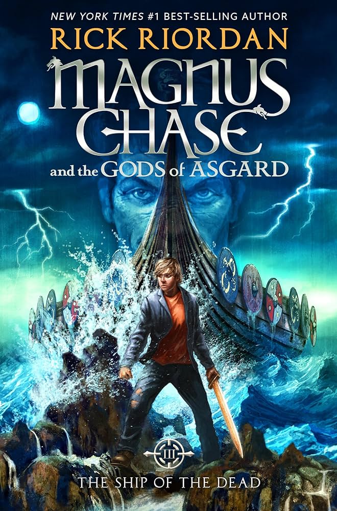 Book cover for Magnus Chase and the Ship of the Dead. Magnus stands on a rocky shore of the sea, behind him a Viking ship with shields on the sides. Background is an enlarged image of Loki's eyes between a stormy sky with lightning.