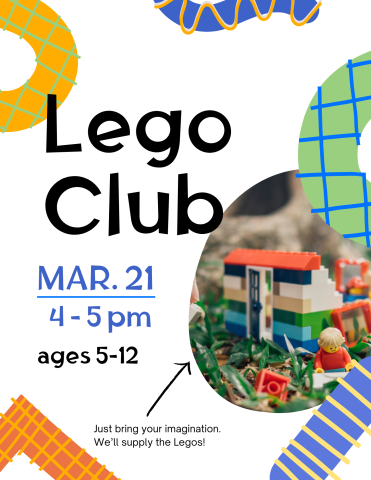 Colorful, striped shapes in the background. Image of a Lego figure and buildings. Text; Lego Club.