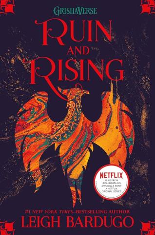 Ruin and Rising book cover. The image of a phoenix bird in orange, red, and purple marbled coloring.