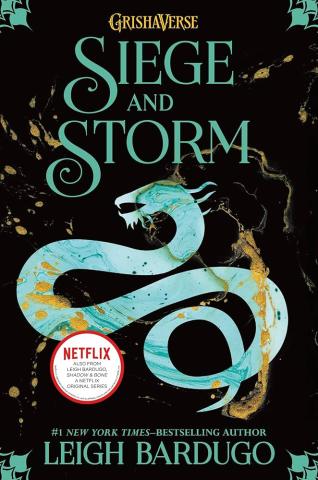 Siege and Storm book cover. The image of a snake-like creature in blue and gold marbled coloring.