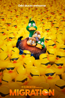 Four scared-looking ducks huddle together, surrounded by a crowd of yellow rubber duckies wearing sunglasses