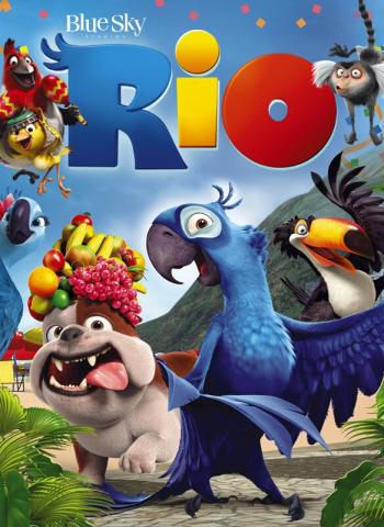 A bright blue bird smiles next to a bulldog wearing a fruit hat, a toucan, and several other birds and animals