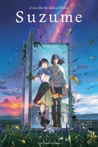 Anime characters (female and male) stand in a free-standing doorway in front of a sunset sky