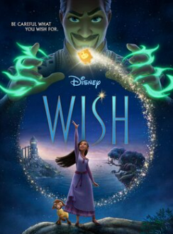 A girl in a purple dress standing by a small goat reaches upward toward a chunky yellow star-shaped creature that has left a trail of sparkles circling around the girl. Above the circle is the visage of a deviously grinning man with magical green wisps flowing from his hands.