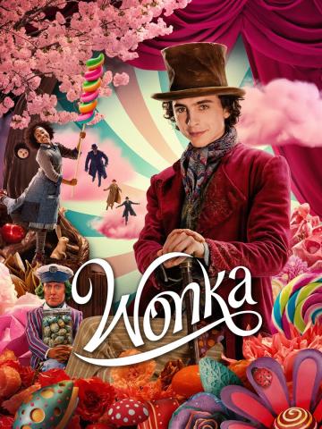 Willy Wonka in the forefront wearing his top hat and holding a cane in front of characters with candy, an oompa loompa stand coyly in the corner