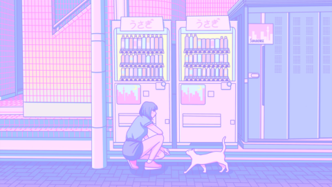 Anime-style illustration of a young girl crouching down in front of a cat walking toward her