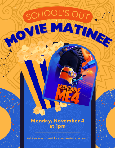 blue and yellow background behind a box of popcorn and movie poster showing a short, pill-shaped yellow creature wearing goggles holding a radar, in front of a tall bald man in black with a long hooked nose