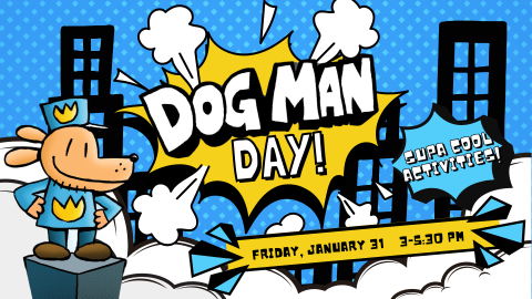 Cartoon Dog in police uniform next to a comic burst with event title and dates, in front of white clouds, black skyscraper silhouettes, and a blue polka dot background