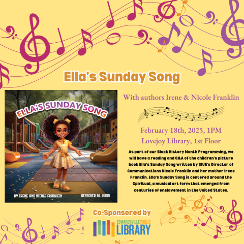 Musical notes and bars arranged in a wave pattern; Cover of the book Ella's Sunday Song shows an African-American child wearing an orange dress and shoes with her natural hair half up in two ponytails, smiling with hands outstretched low, standing on a colorful tiled floor at a playgroundf with slides in the background.