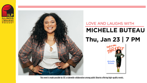 Woman (Michelle Buteau) standing smiling near image of book Survival of the Thickest