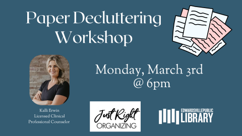 Paper Decluttering Workshop event details with picture of Kalli Erwin