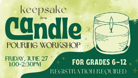 Light, pale green and darker green background. Line-art candle with flame.