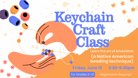 Colorful beads in the upper left corner, 2 illustrated curved hands, one facing up, the other down, holding beads