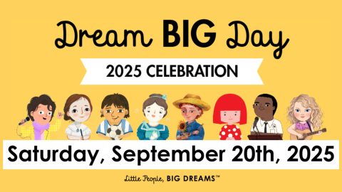 Yellow background, black text, illustrations of famous people featured in the Little People Big Dreams book series
