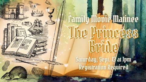 Dark green and brown watercolor forest scene behind a large open book from which magical sparkles and several line art sketch images of: a castle, running horse, small bottle of poison tipping into a goblet, two rings laying against each other, a pirate ship, an open book propped against stacks of books, a peanut in shell, a large sword, a rat, and a sandwich 