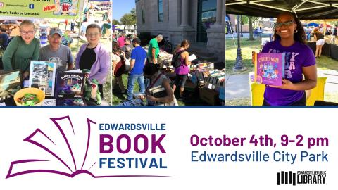 image of authors and patrons at the annual outdoor book fair in Edwardsville City Park next to the library
