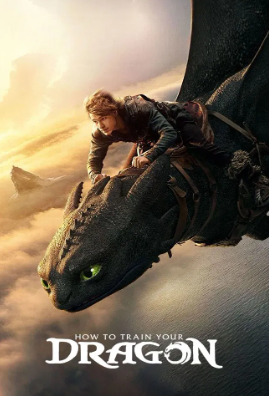 A young boy rides on the back of a black dragon through misty clouds