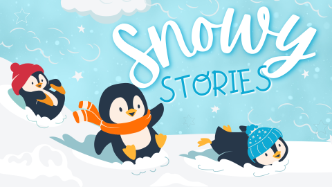 Three penguins wearing hats and scarves slide down a snowy hill, two on their behinds and one on its belly.
