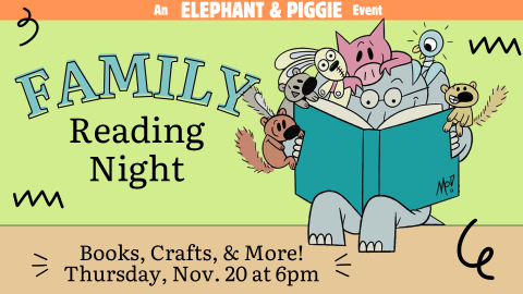 Mo Willems chacters, including Elephant and Piggie, Pigeon, and Knuffle Bunny, look excitedly at an open book, the cover of the book facing the front.