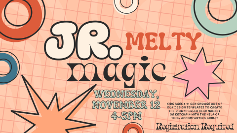 The background has a peach grid design with colorful circles and starbursts