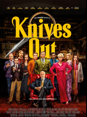 A colorfully dressed group of people stand behind an elderly man sitting in a chair. Behind the title text is a magnifying glass with a knife for a handle.
