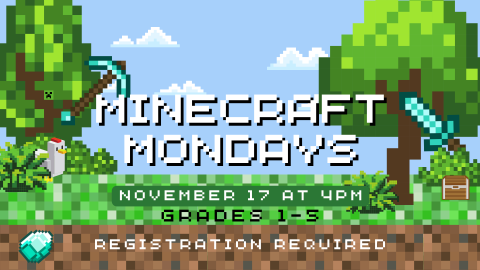 Pixelated graphics of trees, clouds on a blue sky, green grass with brown earth underneath.  A chicken, sword, pickaxe, treasure chest, and gemstone are featured elements in the image.