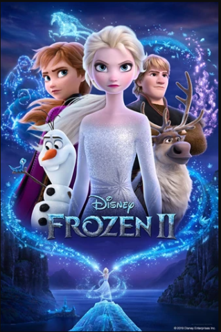 Five figures stand proudly, Anna, Elsa, Olaf, Sven, and Kristoff, in front of swirling and sparkling blue symbols being released by a smaller image of Elsa below.