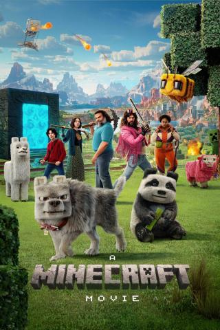 Poster for Minecraft: The Movie showing a group of live-action characters standing in a colorful Minecraft world filled with blocky animals and creatures like a wolf, panda, llama, bee, and creeper. A bright blue portal glows in the background while fireballs streak across the sky.