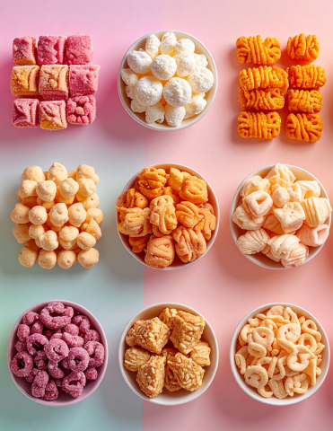 Nine bowls of various snack foods on a pastel background