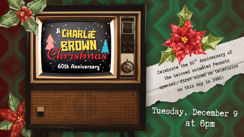 An old-fashioned television box in front of a green and red patterned wallpaper background, embellished by frosty poinsettas