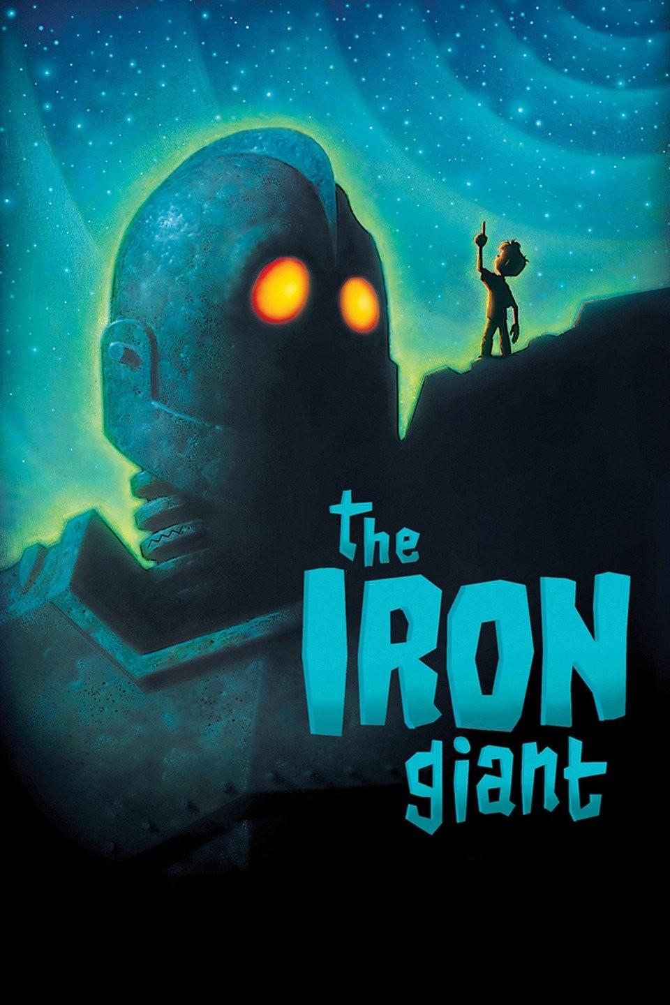 A huge metal giant with yellow eyes looks at a boy standing at his eye-level on a cliff