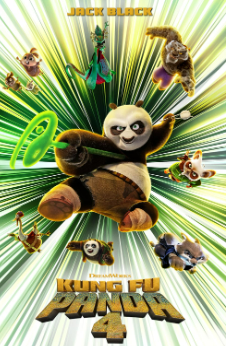 Po the Panda holds a green staff and jump-kicks, surrounded by other familiar characters.