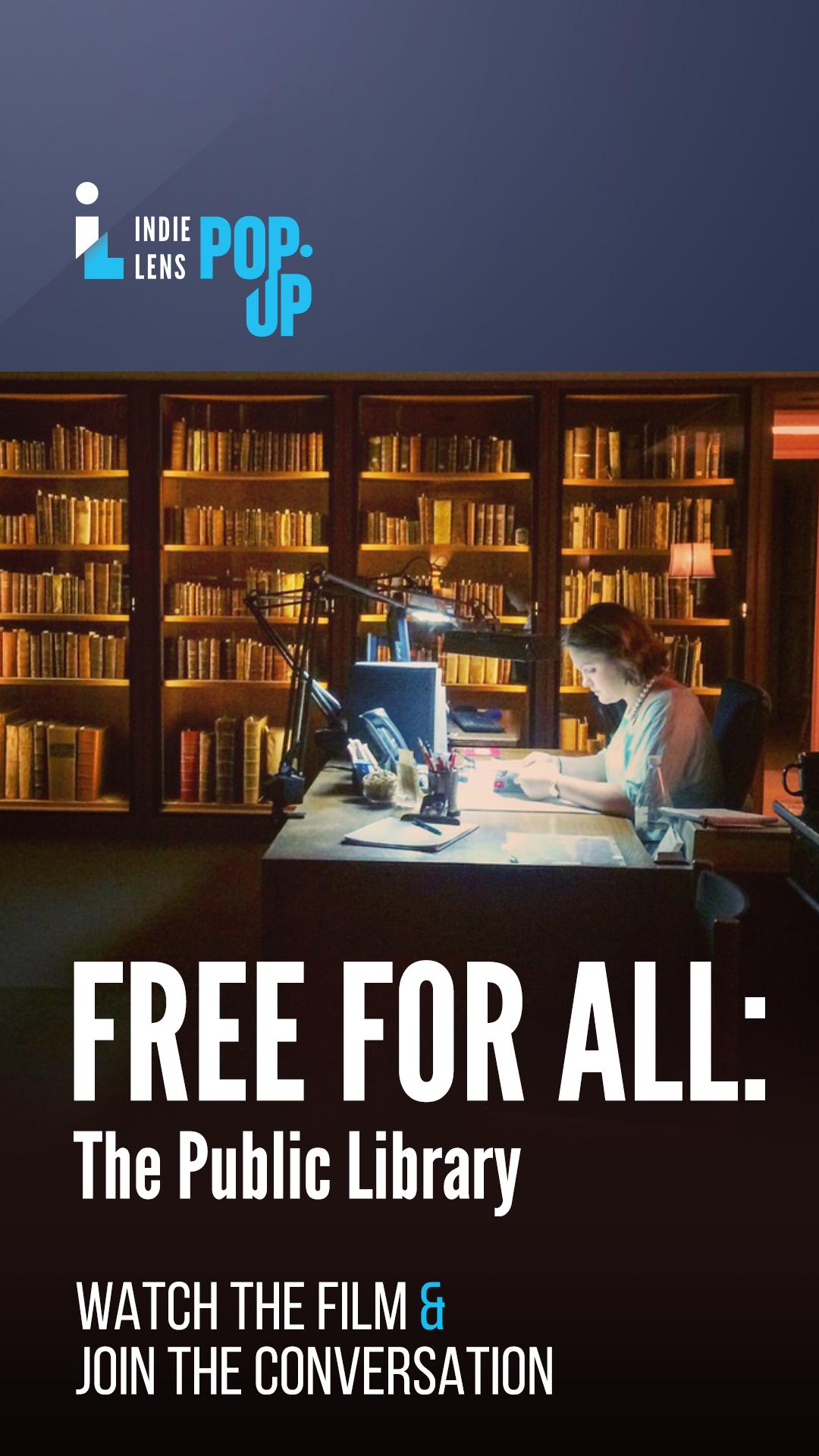 (Free for All: the Public library) a woman sits at a desk in a library reading