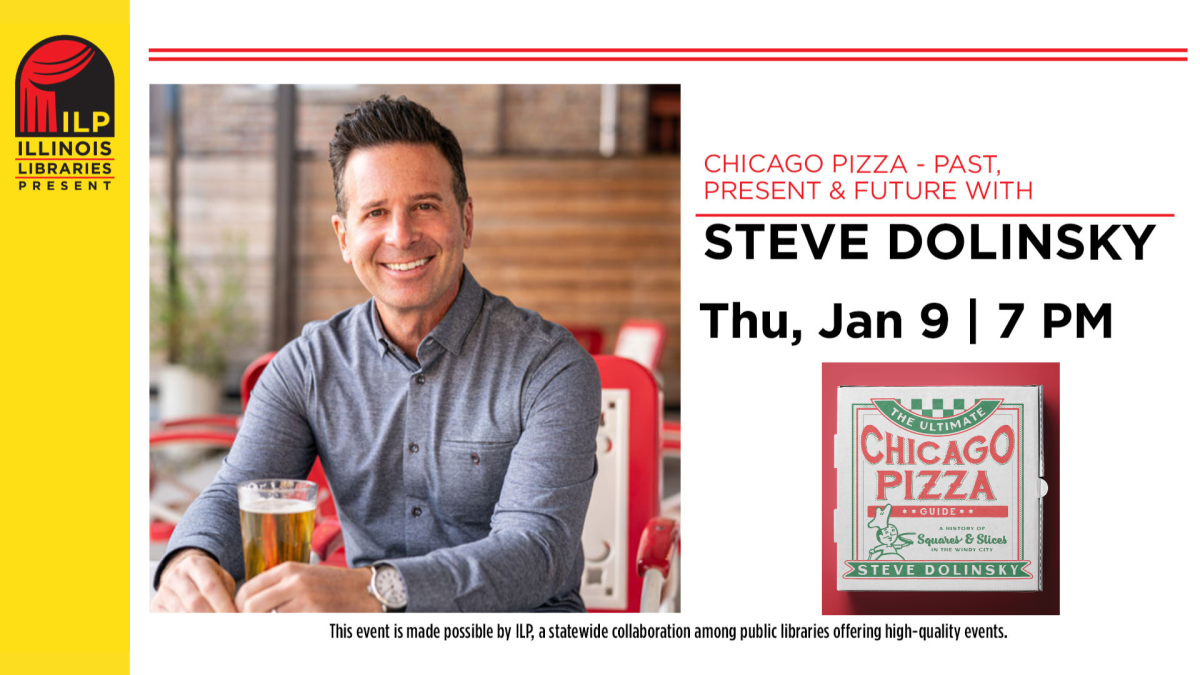 Man (Steve Dolinsky) sitting in chair near image of book cover The Ultimate Chicago Pizza Guide