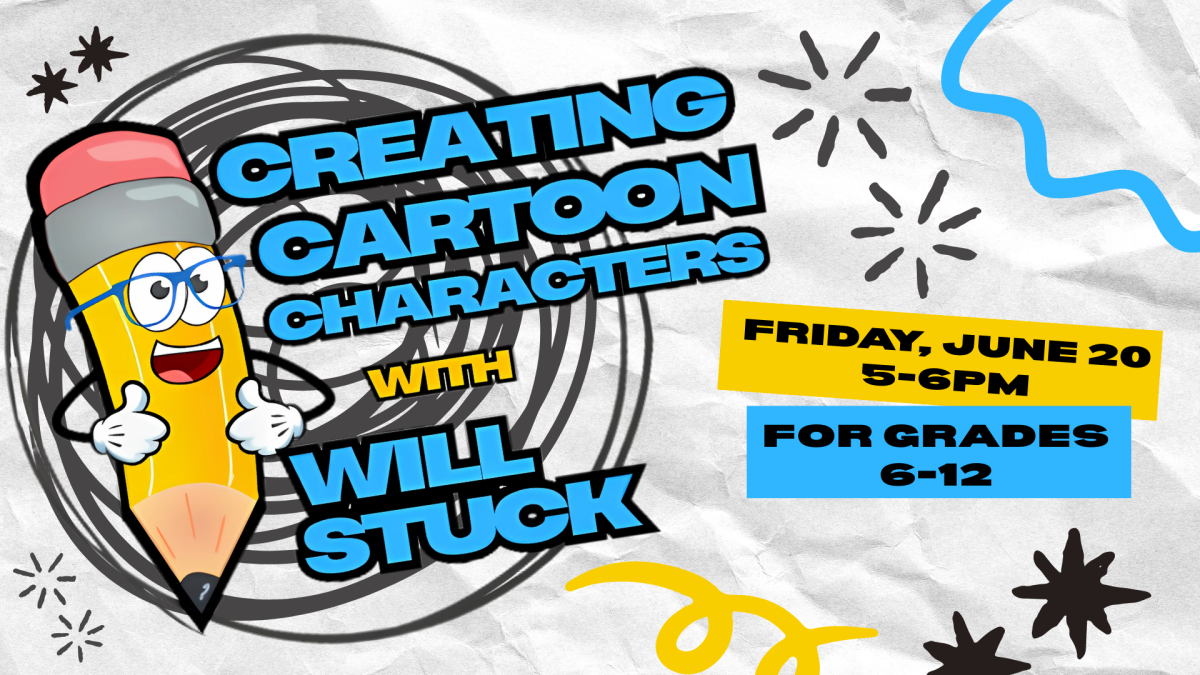 Illustrated pencil with eyes, mouth, and hands in front of pencil-drawn circle scribbles