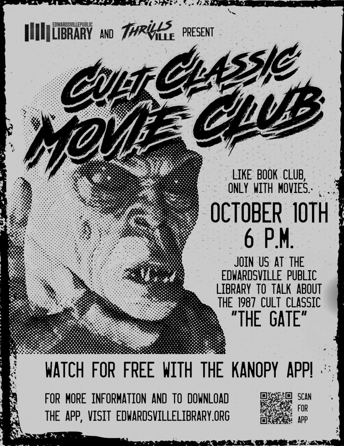 Black and white photo of a monster with Cult Classic Movie Club across the top. 